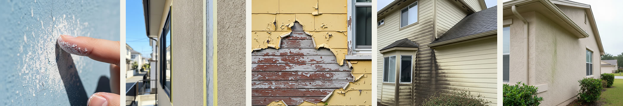 ◇チョーキング (白亜化)　◇ひび割れ　◇塗膜のはがれ　◇変色　◇微生物汚染 (かび・藻)